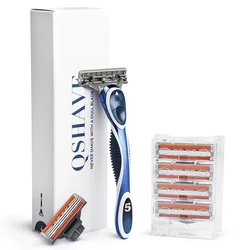 QShave Blue Men Shaving Razor Can Design Your Name on Handle, 1 Handle & 6 Cartridges(5pcs X3 Blade, 1pc X5 Blade, 1pc Handle)