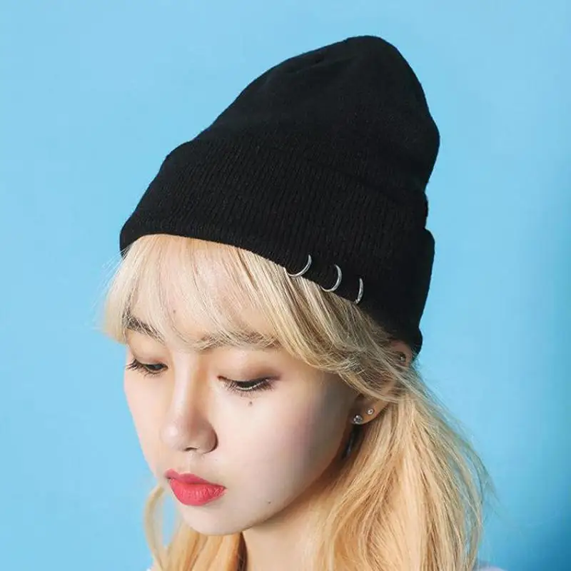 COKK Autumn Winter Hats For Women Girls Knitted Cap With Ring Hip Hop Korean Bonnet Beanie Hat Female Stretch Hats Gorras Black