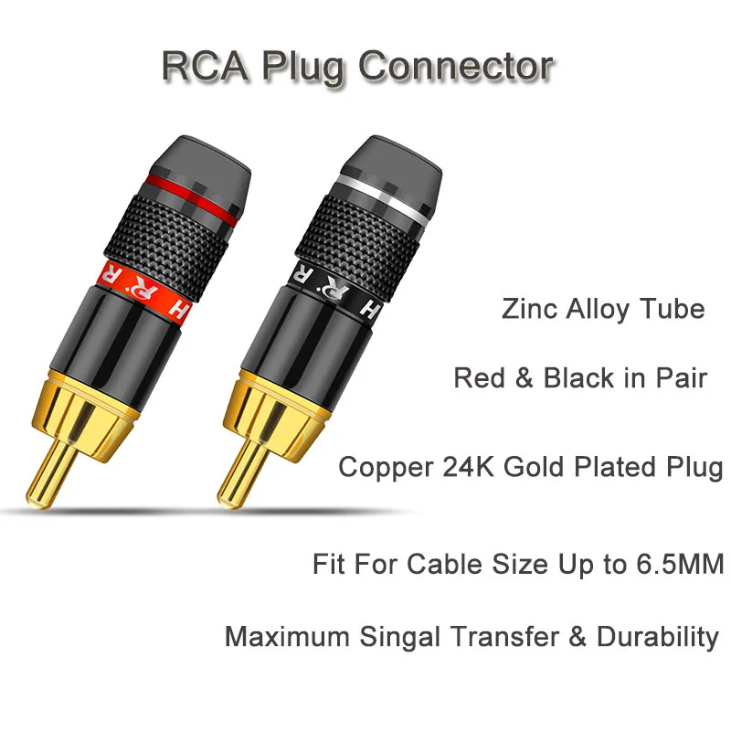 10pcs/lot RCA Connector 24K Gold Plated RCA Male Plug Professional Audio Speaker Plug Jack Wire Connector 5Pairs Red+Black