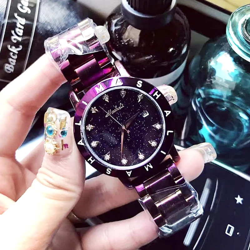 12 Diamond stone clock dress match fashion female watch with golden steel watchband quartz watch