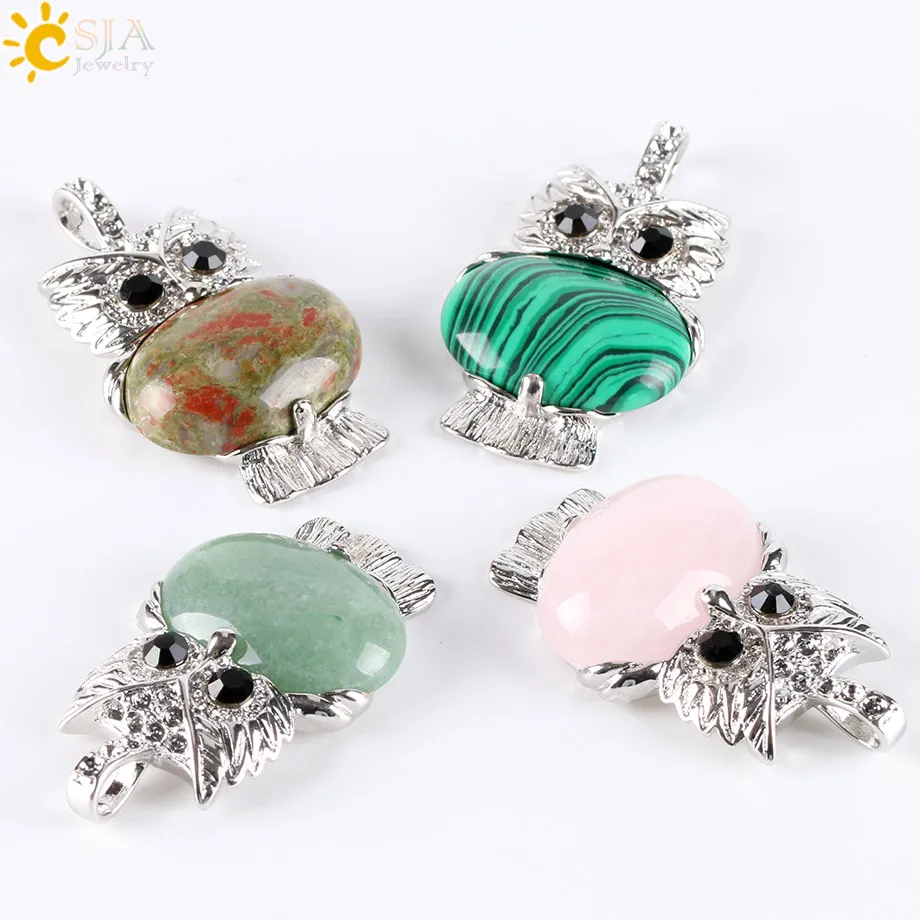 CSJA Natural Stone Cute Owl Animal Pendants for Necklaces White Crystal Pink Quartz Opal Lapis Lazuli Beads Reiki Jewellery E284