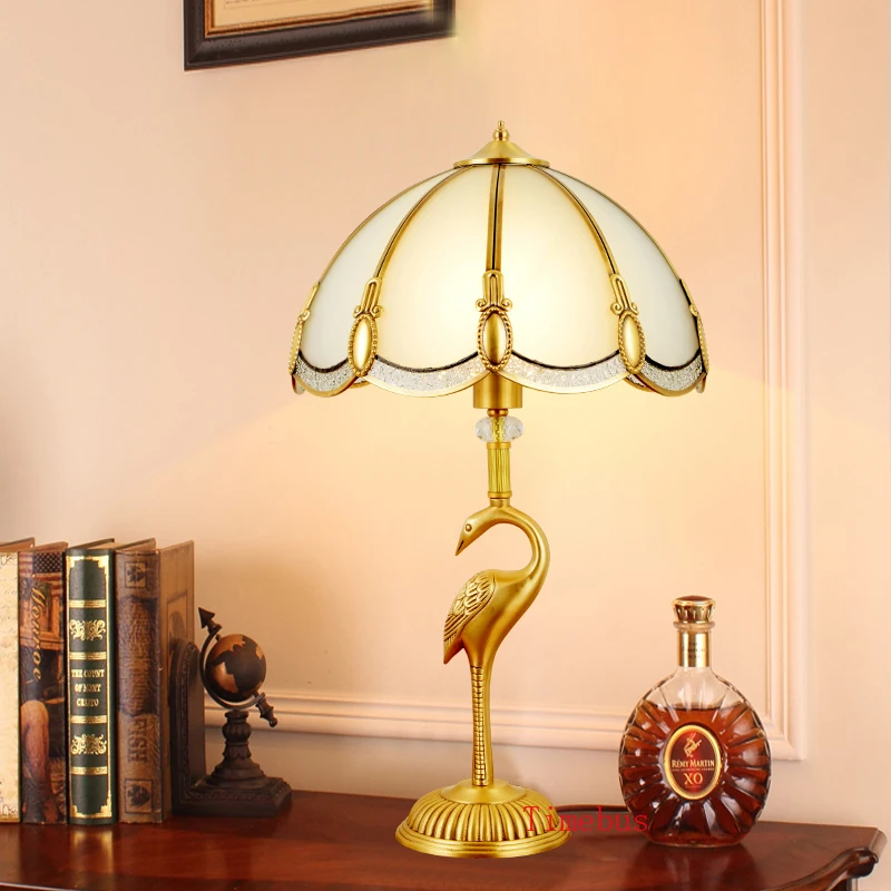 Copper Crane Desk Lamp Living Room Study European Table Lamp Bedroom Luxury Lighting Conference Room Copper Crystal Table Light