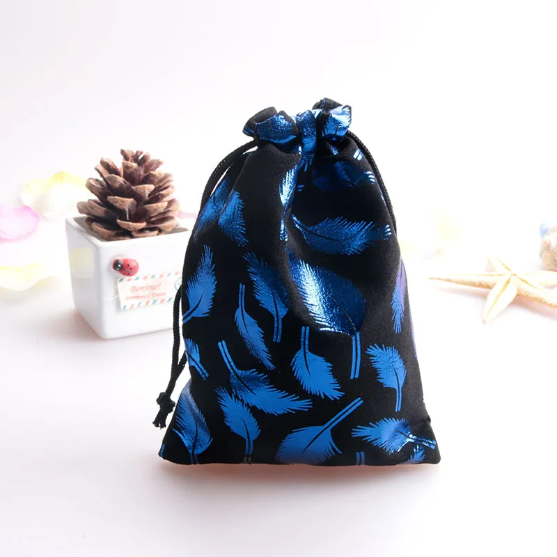 Feather Printing Velvet Bag 8x10cm Small Jewelry Gift Pouch 50pcs/lot Elegant Buggy Bags Coin And Change Pouches Wholesale