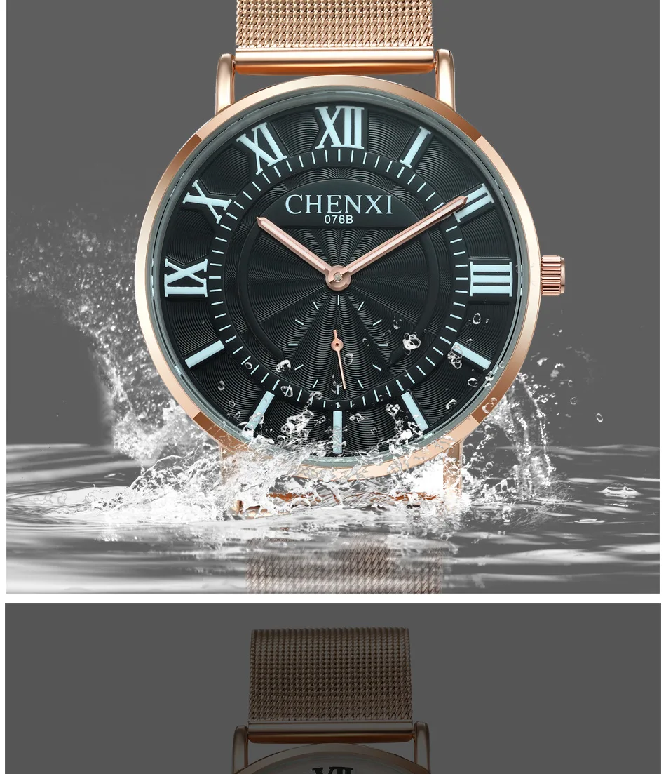 

Fashion Chenxi Brand Wristwatch Women Man Lovers Charm Lovers Watches Waterproof 076 Rose Gold White Black Mesh Stainless Steel