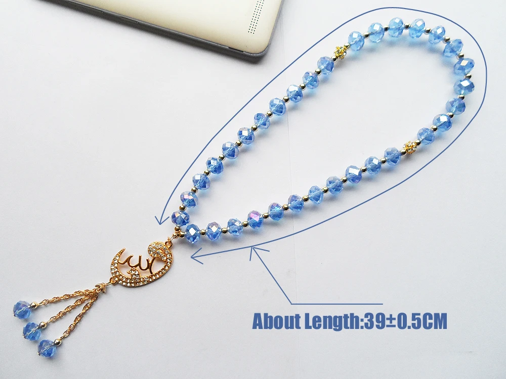 2022 Classic 2R Rope Chain Sky blue crystal Muslim bracelet With elastic Plated gold alloy chain Link Muslim pendant bracelets