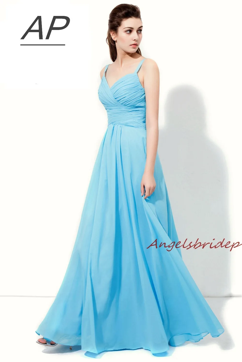 

ANGELSBRIDEP Spaghetti Straps Sky Blue Bridesmaid Dresses 2021 Long Chiffon Sweetheart Vestido Madrinha Formal Party Gown