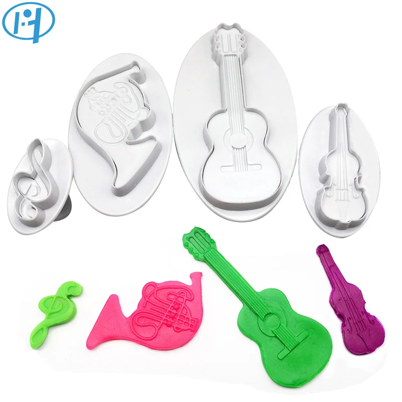 4pcs Musical Instrument Cello Violin Tuba Music Note Plastic Plunger Cutter Cookie Embossing Cake Decorating Tool fondant mold