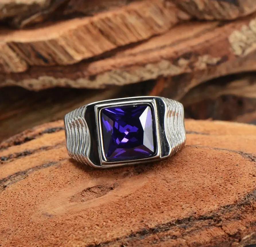 Men\'s 316L Stainless Steel Square Black  Stone Gem Silver color Ring
