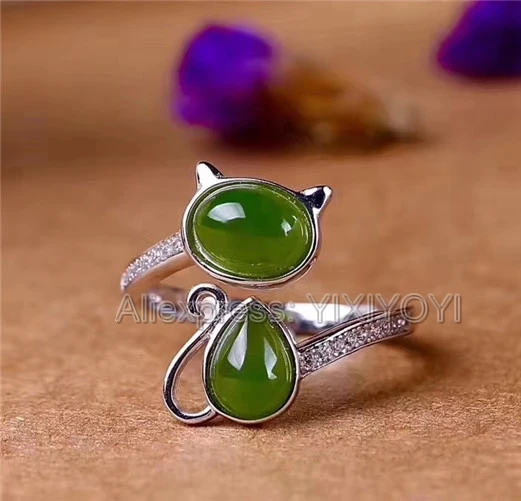 Beautiful 925 Sterling Silver Green HeTian Jade Beads Inlay Jasper Cute Cat Style Ring Adjustable Girl's Charm Gift Fine Jewelry