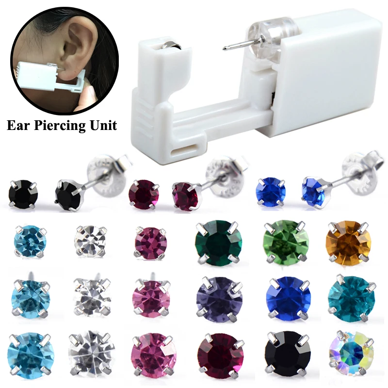 2PC Birthstone Sterilized Disposable Ear Piercing Gun CZ Crystal Ear Studs Safety No Pain Ear Piercing Tool Body Jewelry Gifts