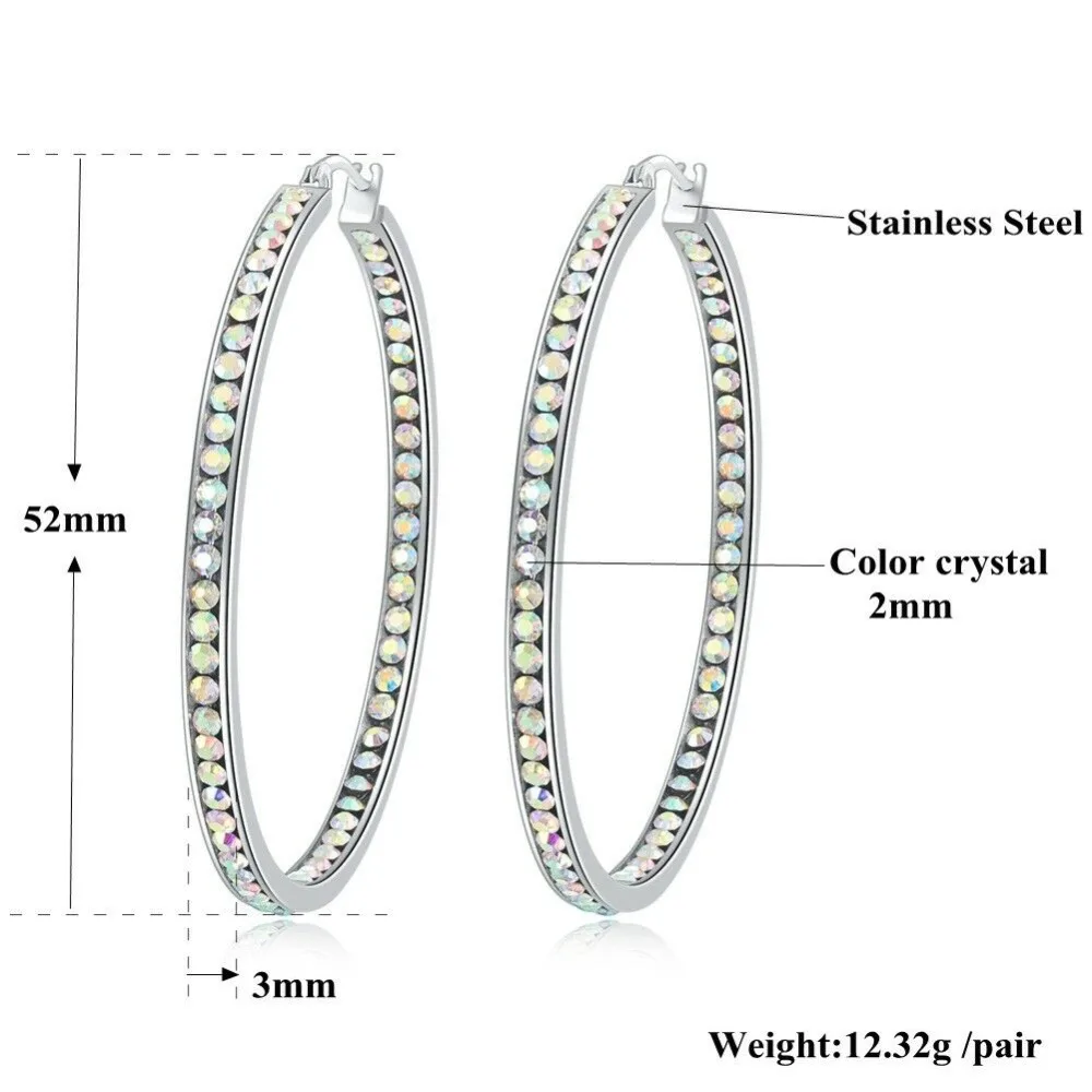 CiNily Rainbow & Clear White Crystal Stone Large Hoop Earrings Stainless Steel Cocktail Party Chic Hyperbole Jewelry Woman Girl