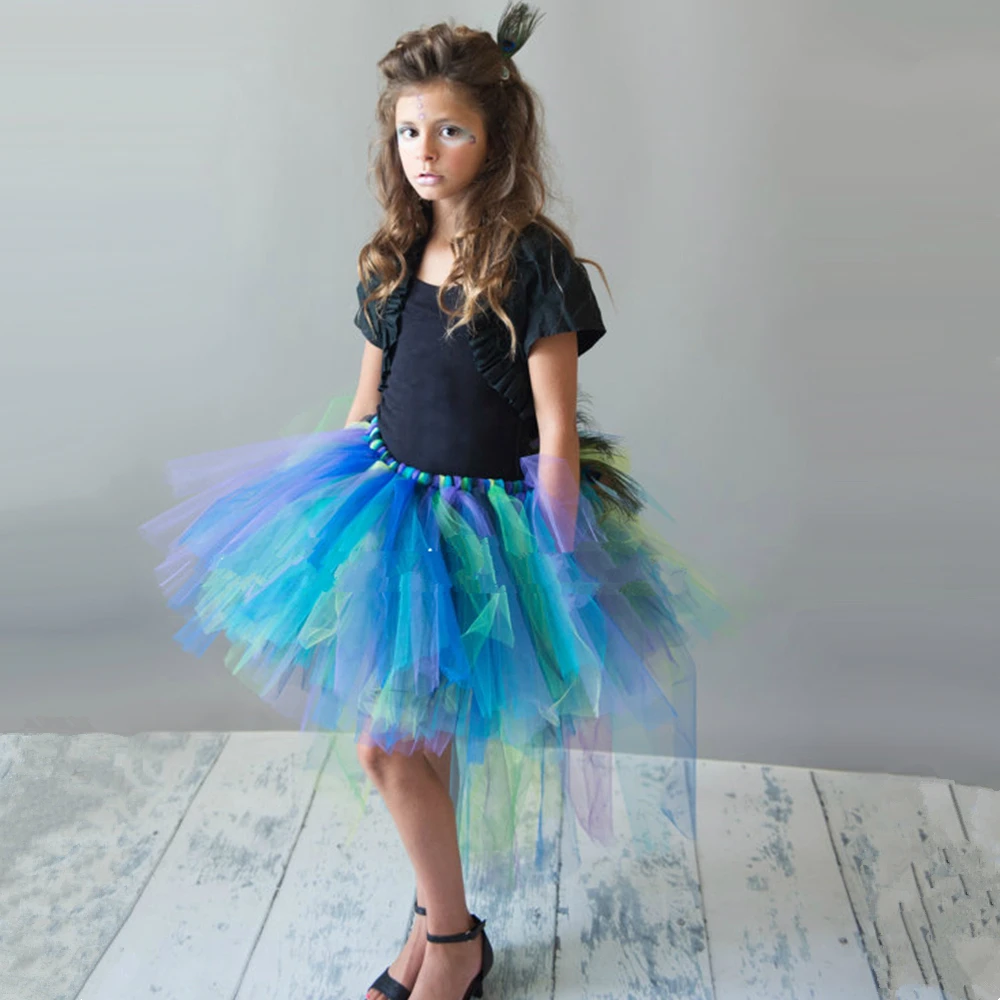 Peacock Feathers Girls Tutu Skirt Trailing Tulle Baby Girl Tutu Skirt Fluffy Kids Skirts For Girls Party Halloween Costume 1-14Y