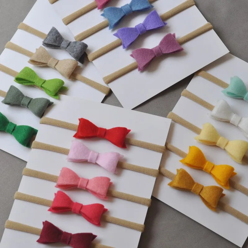 20Pcs/Lot  Handmade Mini Felt Bow Headband Tiny Bow Nylon Hairband For Infants Baby Girl Hair Accessories