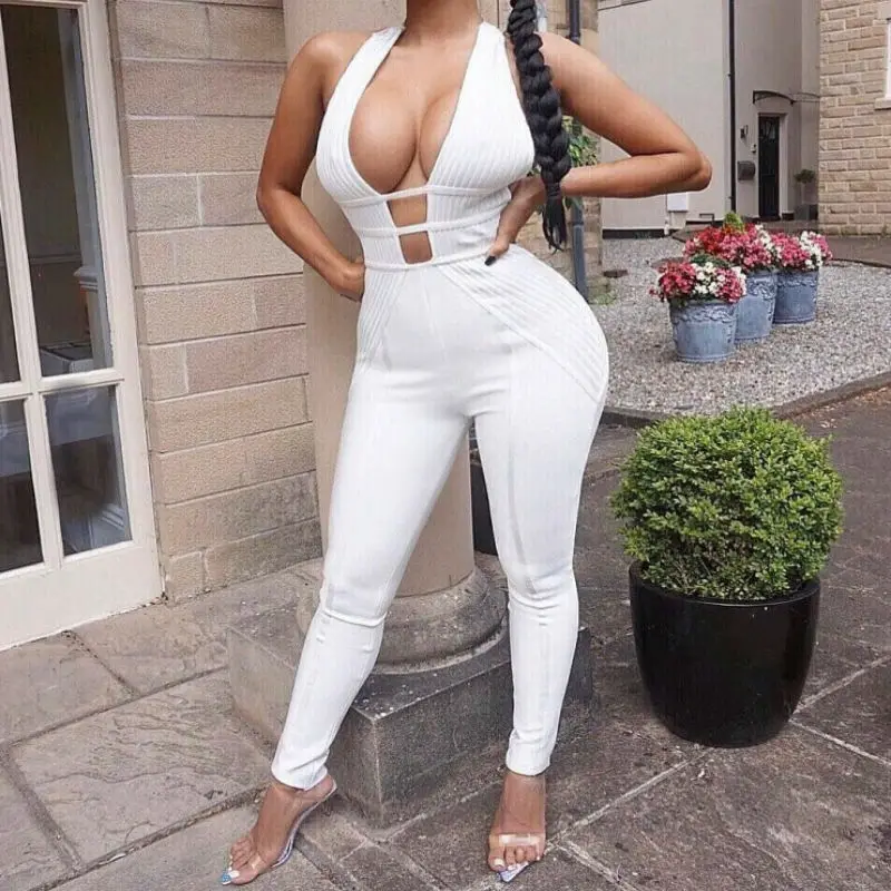 New Fashion Slim Women Bandage Jumpsuit White Striped Hollow Out Evening Club Party Bodysuit Rompers Pencil Pants