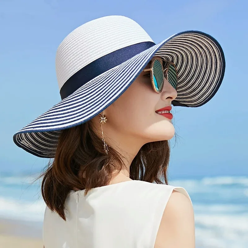 

2019 Hot Sale Fashion Hepburn Wind Black White Striped Bowknot Summer Sun Hat Beautiful Women Straw Beach Hat Large Brimmed Hat