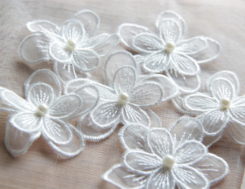 12 pieces White organza embroidery fabric lace patch trim clothes 3D Beading flower bride wedding dress diy applique lace fabric