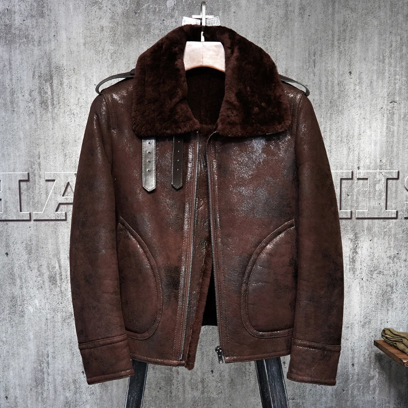 Men's Shearling Leather Jacket Red Brown Color Flying Jacket  Men's Fur Coat Pilots Coat 011