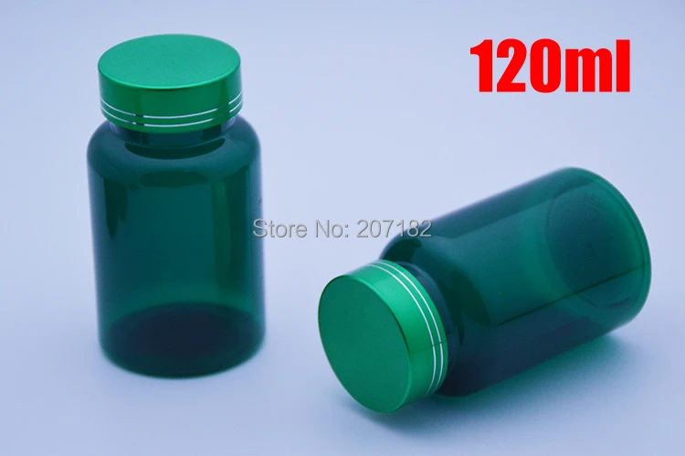 

100pcs 120ml PET Translucent Green Bottle, Capsules/Pills/Powder/Vitamin Plastic Medicine Bottles -- Green Metal Caps