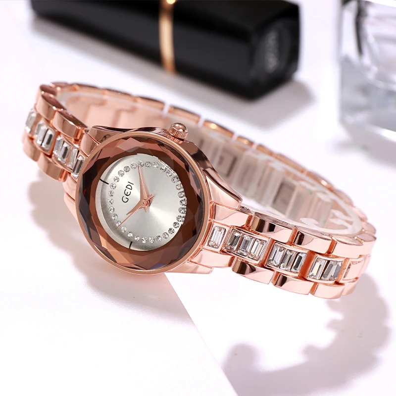 GEDI-ساعة كوارتز فاخرة للنساء ، سوار سبيكة ، ساعة يد نسائية ، لون ذهبي وردي