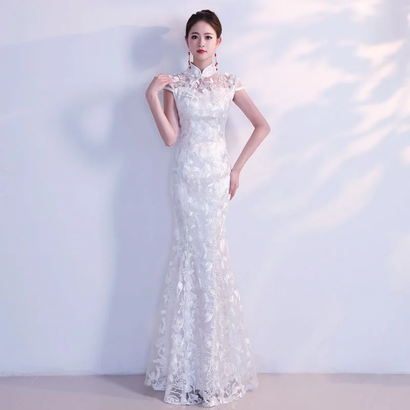 

White Cheongsam Long Qipao Dresses Chinese Traditional Wedding Dress China Clothing Store Vestido Oriental Size XS S M L XL XXL