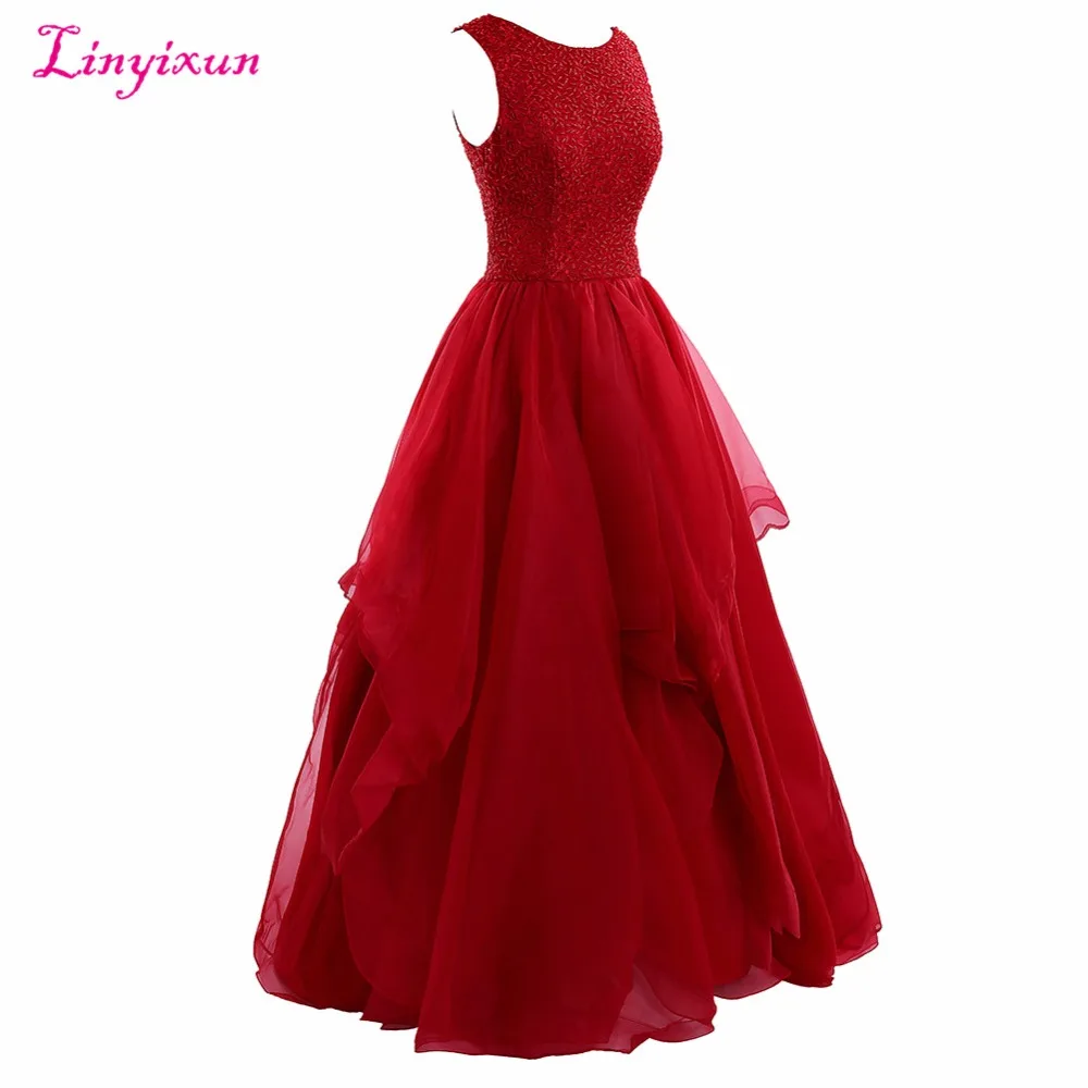 Linyixun Real Photo Scoop Ball Gown Prom Dresses 2020 Beaded Organza Sleeveless Backless Evening Gown Court Train Robe de festa