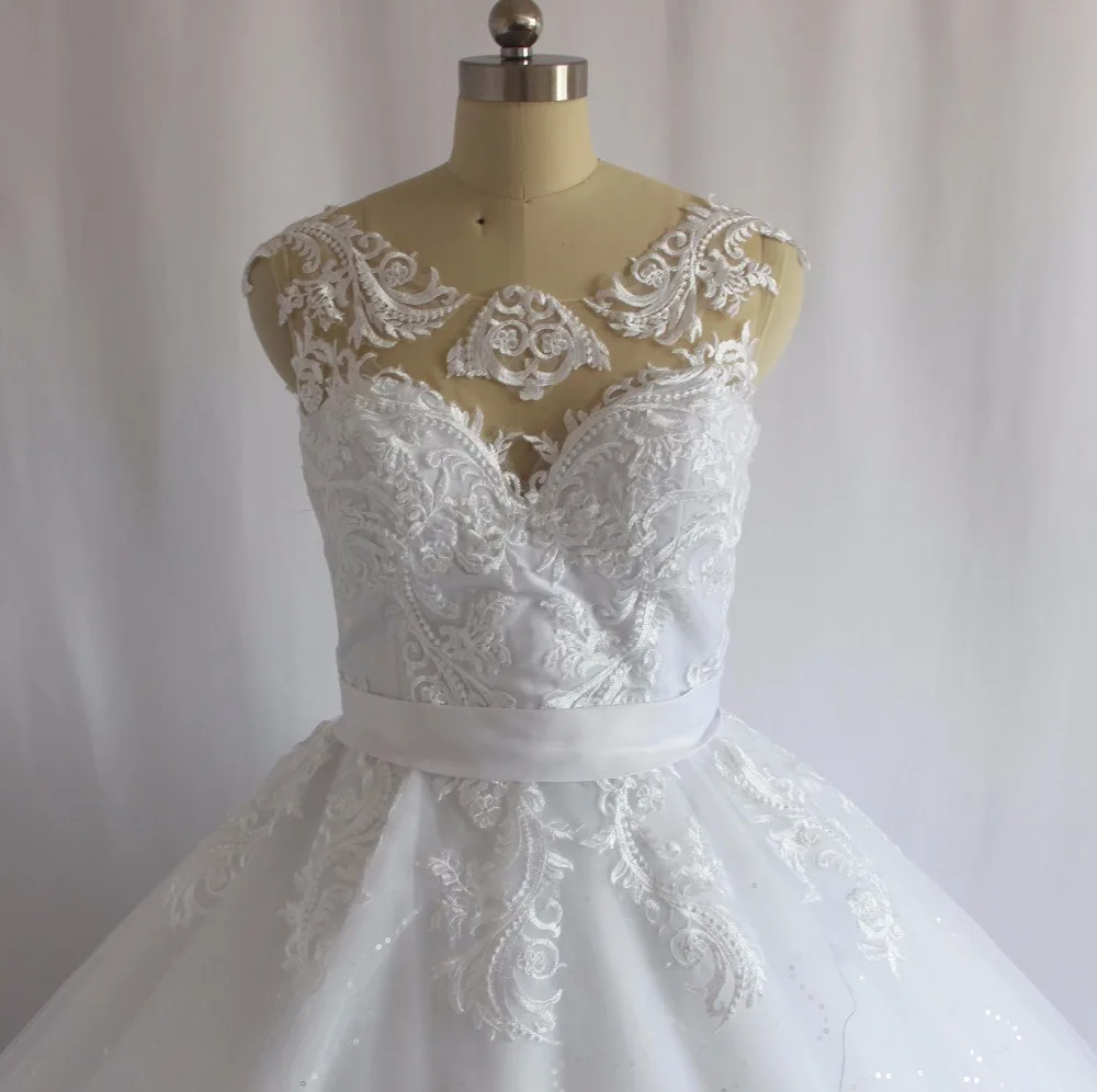 Brazil Robe De Mariee O Neck Lace Appliqued Tay Bóng Gown Tỏa Sáng Công Chúa Wedding Dresses 2018