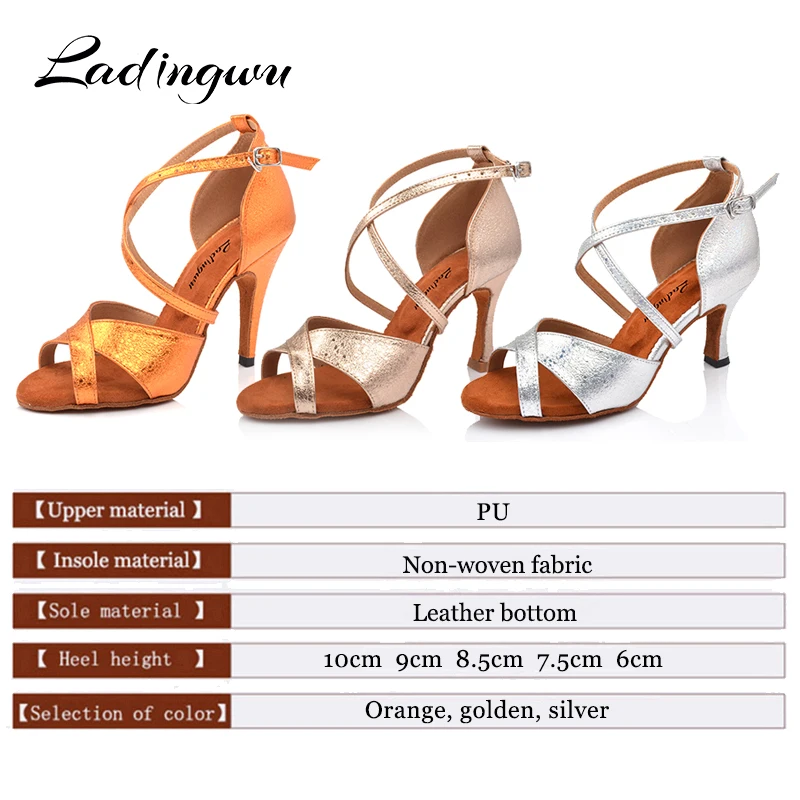 Ladingwu zapatos de baile latino para mujer, sandalias de baile de salón de PU, naranja, dorado y plateado, zapatos de competición para Salsa