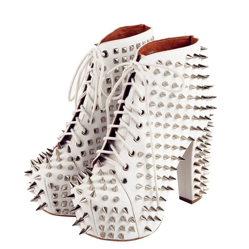 Punk Spiky Rivets Ankle Boots Platform Square High Heels Ladies Stage Spikes Cover Short Bottines Women Spring Autume Party Shoe