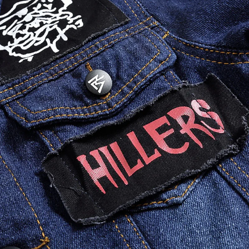 SHIFUREN Mannen Jeans Jas Patch Ontwerpen Mannelijke Lange Mouwen Katoen Denim Jasje Enkele Breasted Punk Rock Stijl Cowboy Streetwear