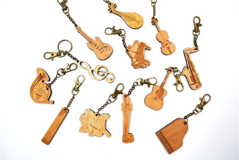 12pcs Niko Wooden Curved Guitar/Drum/Piano/Violin/Pipa Keychain Classical Modern Nation Musical Instrument Key Ring