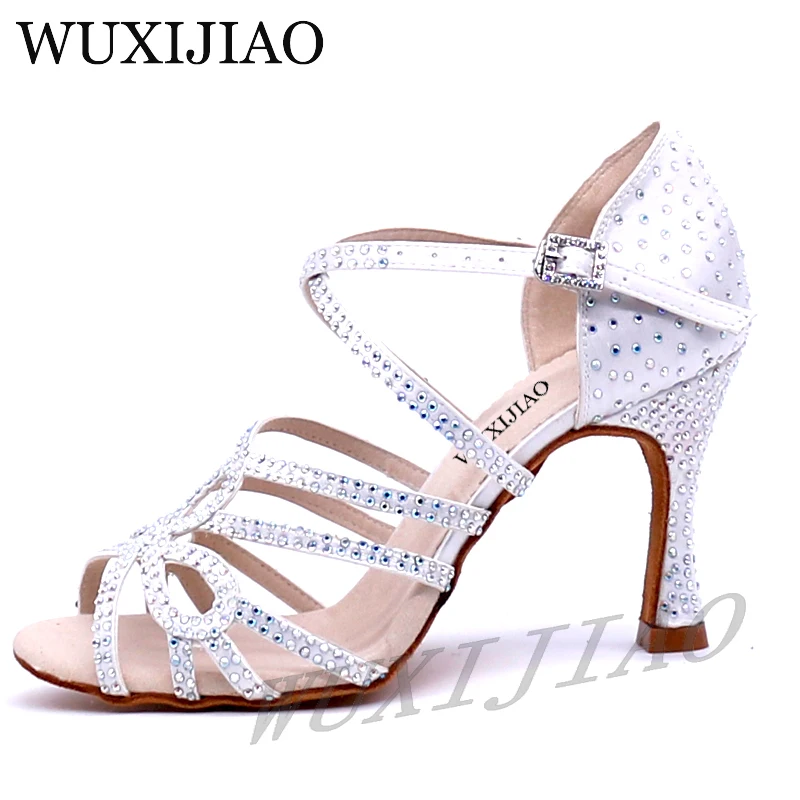 WUXIJIAO New Glitter Rhinestone Latin Dance Shoes Women Satin Salsa Dancing Shoes For Woman Tango Ballroom Shoes For Dacne