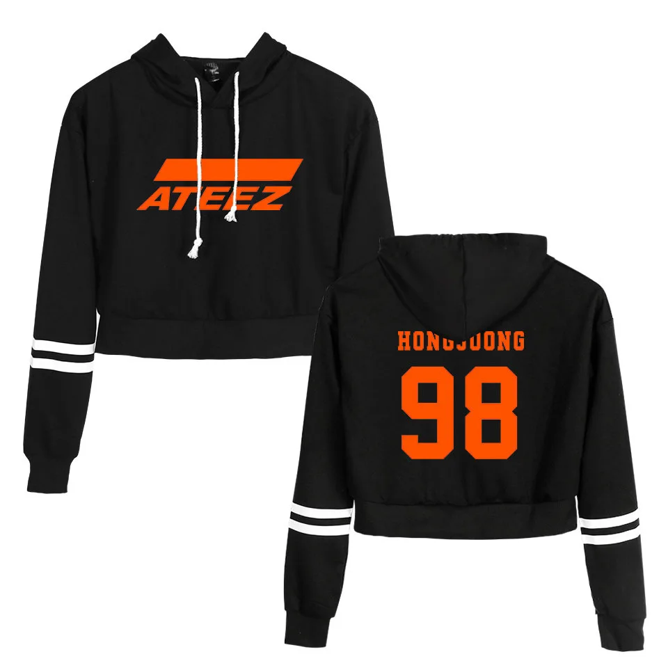 Korean Team ATEEZ KPOP Crop Top Hoodie Harajuku Cropped Sweatshirt Streetwear Hip Hop Long Sleeves Pullover Tops Sudaderas Mujer