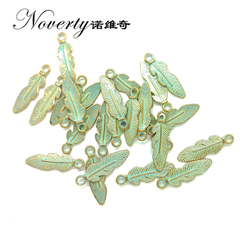 New 50pcs/bag 25MM New Retro Patina Plated Zinc Alloy Green Feather Charms For DIY Jewelry Accessories