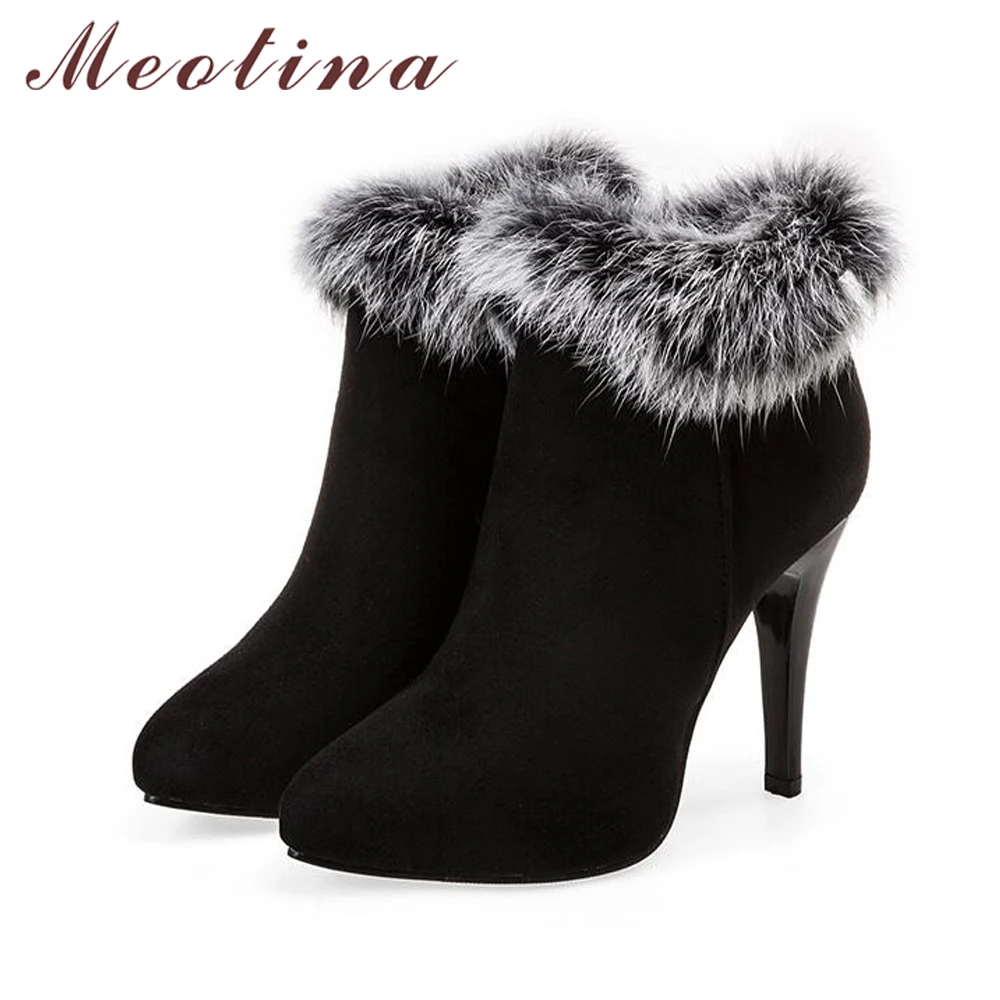 Meotina Shoes Women High Heels Ankle Boots Winter Boots Fur Platform High Heels Ladies Boots Zip White Purple Big Size 11 44 45