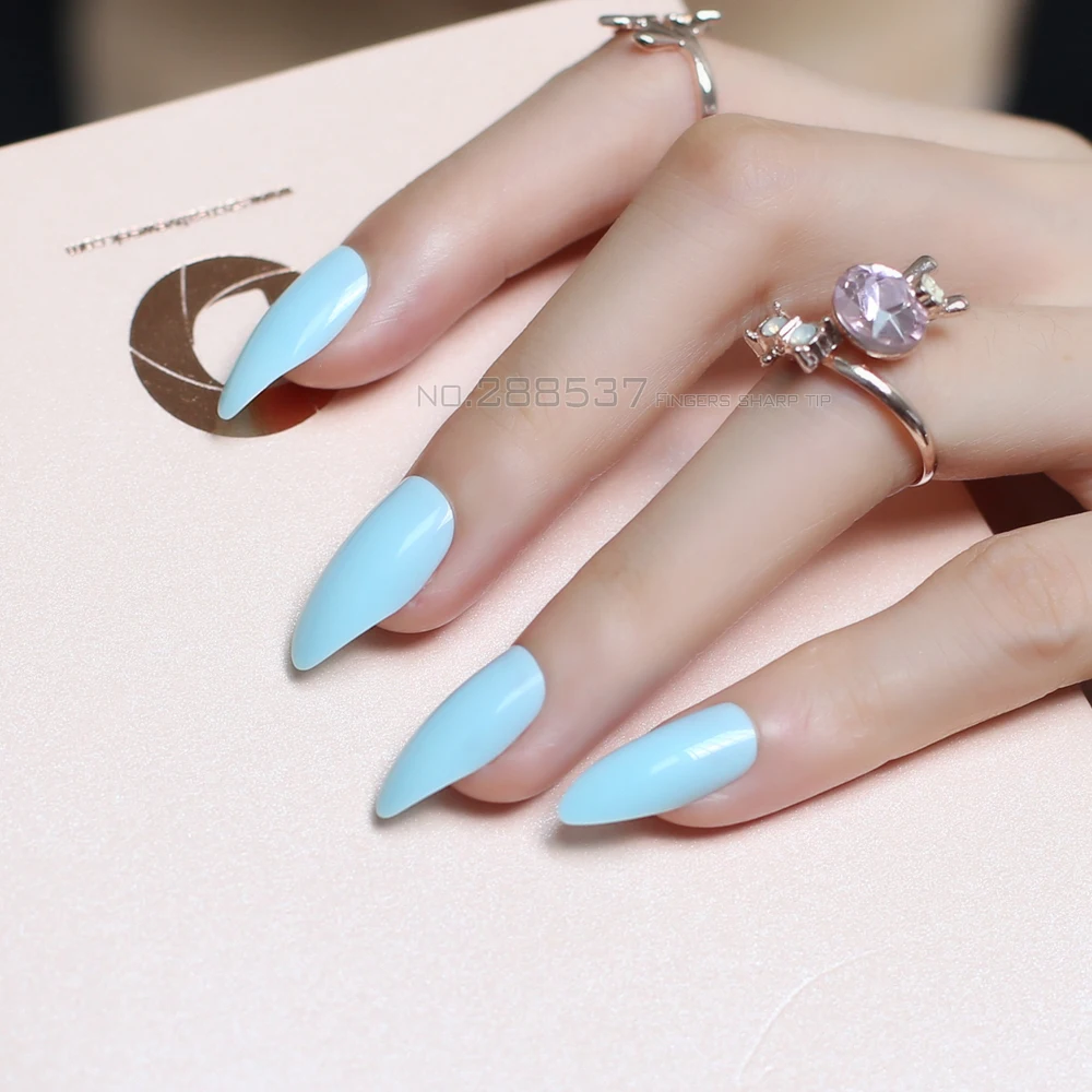 Baby Blue Full Nail Tips Comfortable Artificial nails Pointed Stiletto 24pcs mountain Pure colour False nails JD012