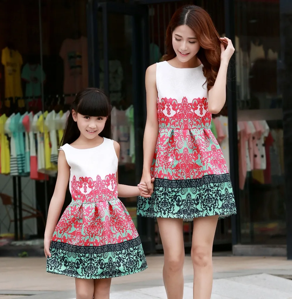 Mother Daughter Dresses Clothes Mother and Daughter Dress Teenagers Sleeveless Floral Print  Summer Dress Casual Retro Costume