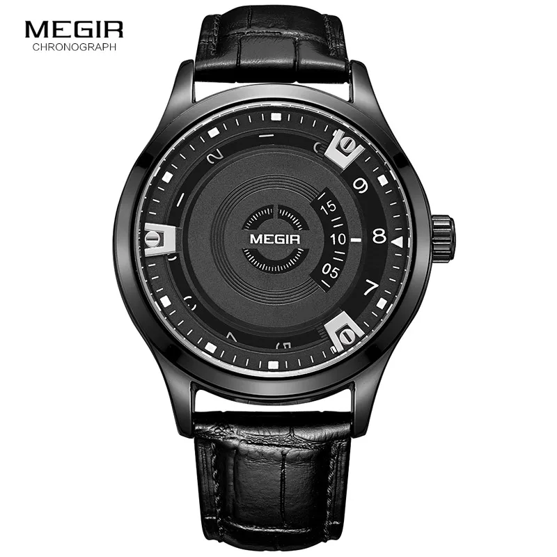 Megir Mens Fashion Black Leather Quartz Wristwatches Hot Water Resistant Battery Quartz Watch for Man Male1067