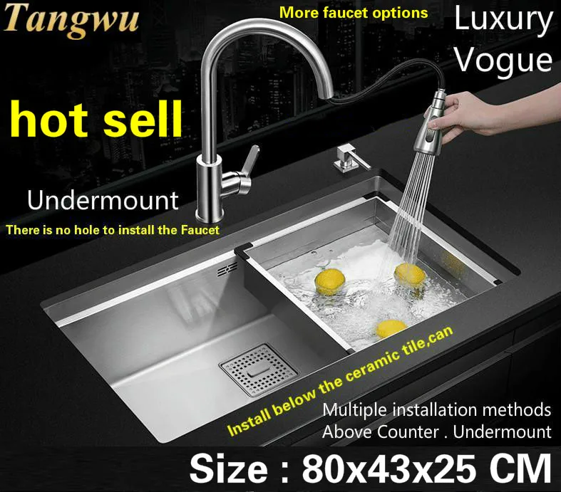 

Free shipping Luxury kitchen manual sink single trough big fashion durable food grade 304 stainless steel hot sell 800x430 MM