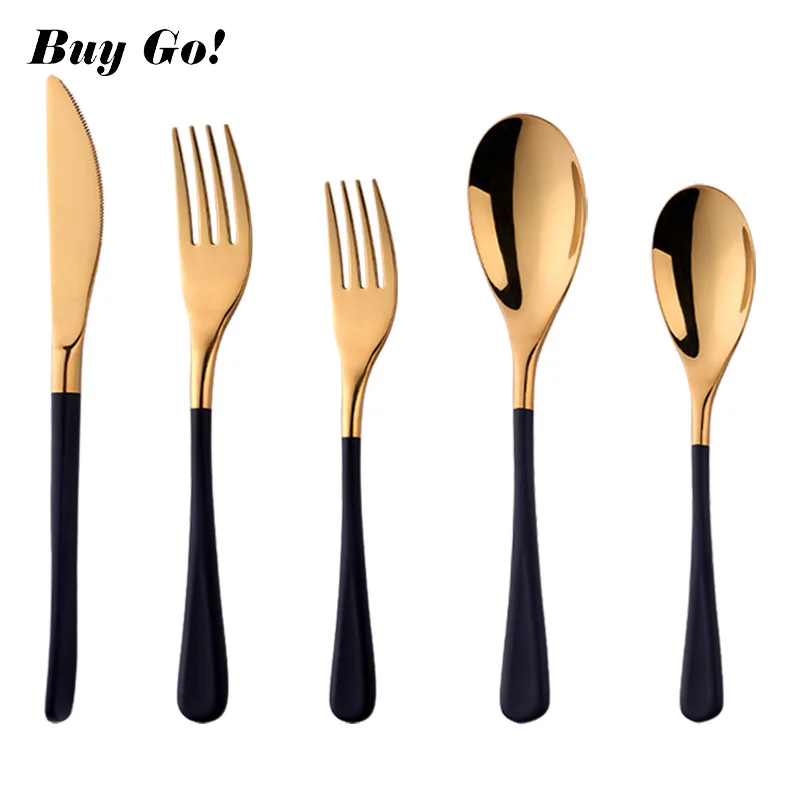 

5Pcs Black Gold Flatware Set Forged Luxury Cutlery Set Stainless Steel Utensils Kitchen Dinnerware Knife Fork Spoon Set C283