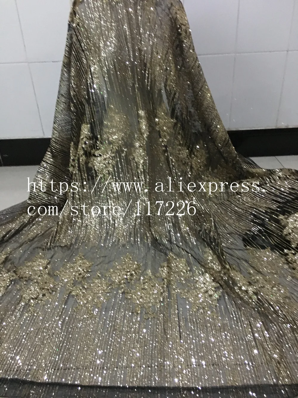 

Black mesh and gold glitter JRB-36201 french net lace fabric sparkly glued glitter african Tulle lace for women party dress