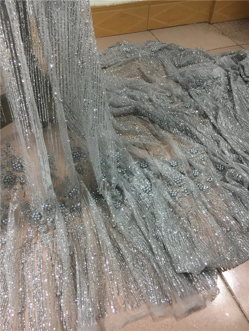 

Silver with beads tulle lace with glued glitter fashion H-54 african glitter lace fabric for wedding 5yard/lot