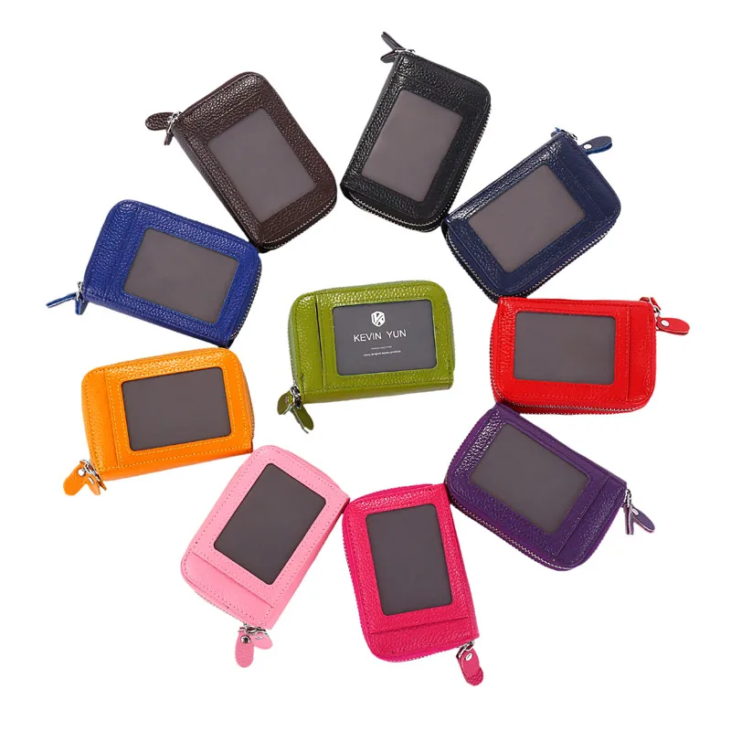 RFID Blocking Fashion Brand Women ID Card Holder Genuine Leather Double Zipper Ladies Credit Card Case Wallet Large Capacity