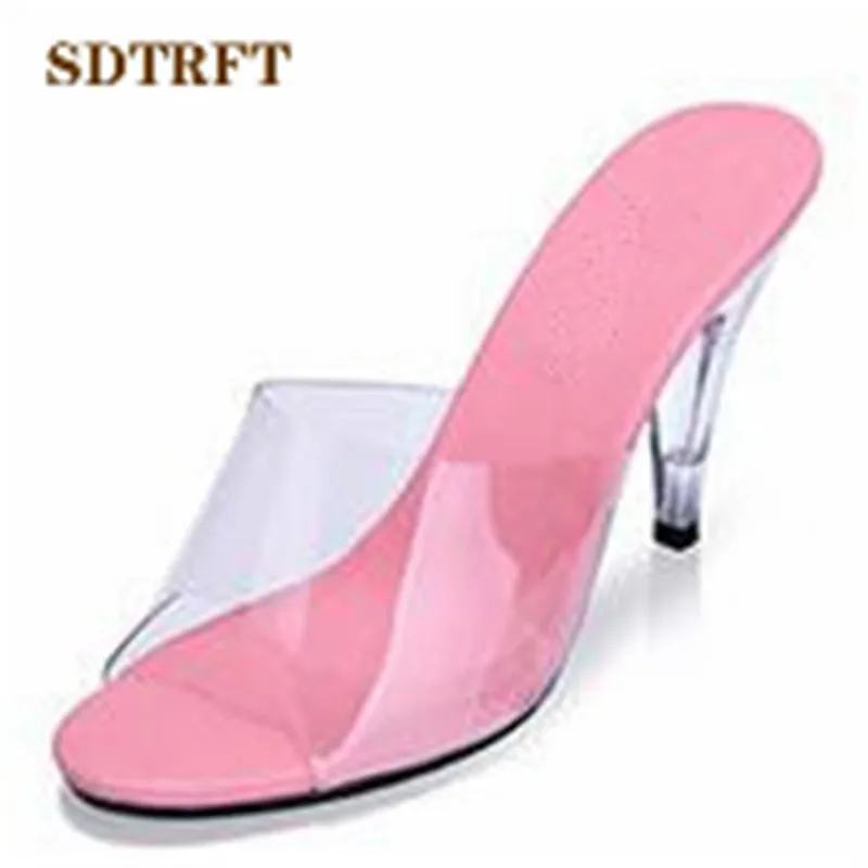 SDTRFT Summer Flip Flops Open Toe Crystal Sandals 10cm Thin Heels Wedding Woman Casual Shoes Crossdresser Pumps PVC Slippers