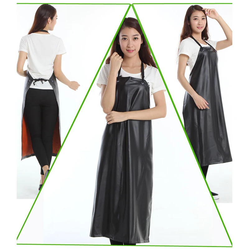 PU Leather Waterproof Apron PVC Black Cooking Cleaning Long Sleeveless Bib Aprons For Woman Man Chef Waiter Accessories