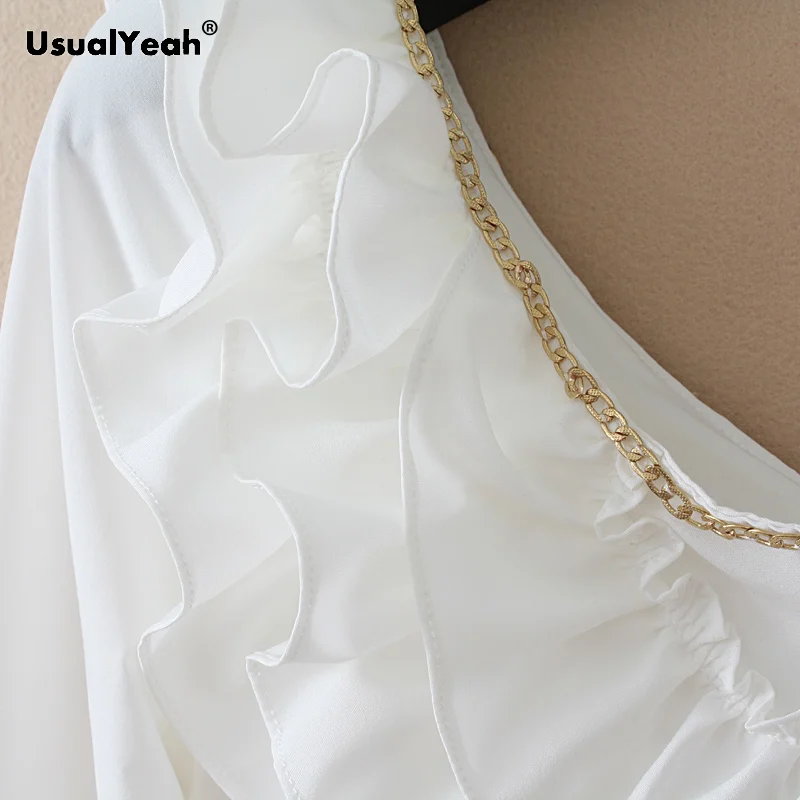 UsualYeah Elegant Tiered Ruffles Slash Neck Bodysuit Autumn 3/4 Sleeve Metal Chain Body Shirt and Blouse Beige S M L XL