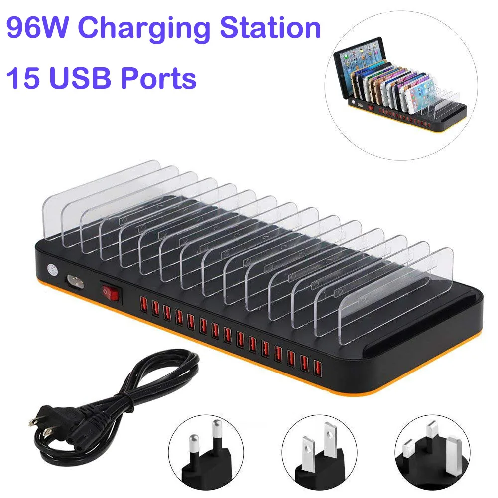 Universal Multi USB Charging Station 15 Port for Iphone X 8 Plus Samsung S10 9 Xiaomi HuaWei Camera Tablets Fast Charger 96W