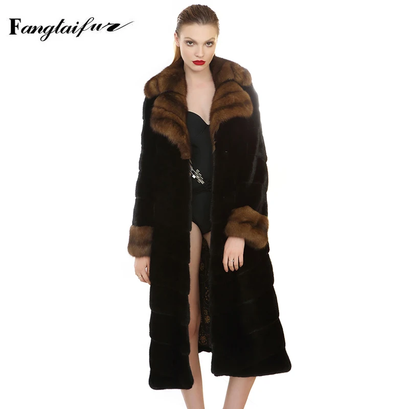 Ftangaiur Winter Women Jacket  Import Sable Mink Fur Coat Slim Turn-Down Collar Mink Coat X-Long Loss Real Mink Fur Coats