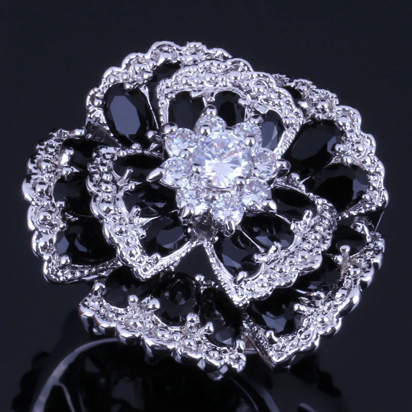 Very Good Huge Flower Black Cubic Zirconia White CZ Silver Plated Ring V0533