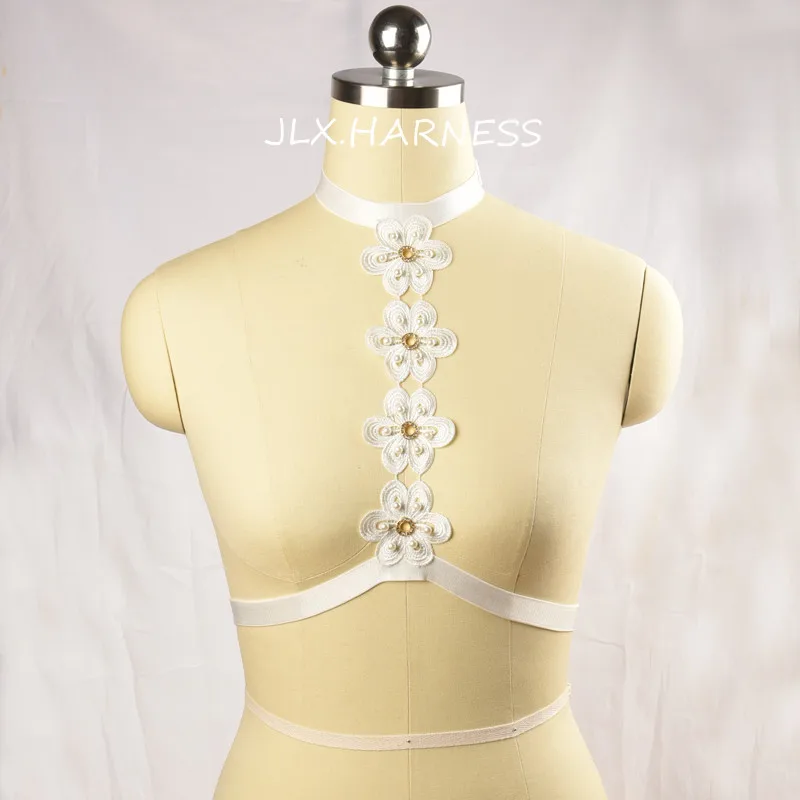 

Women Sexy White Body Harness Belt Lolita Wedding Cage Bra Fetish Wear Cupless Harness Brassiere Romantic Wedding Garters O0342