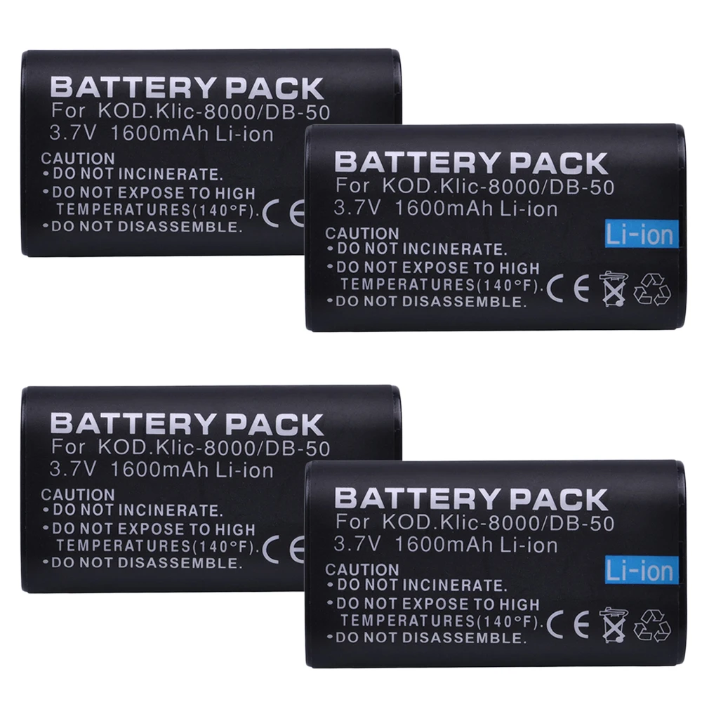 

4Pcs KLIC-8000 KLIC 8000 Li-ion Battery 3.7V 1600mAh for KODAK Z612 Z712 Z812 IS Z1085 Digital Cameras